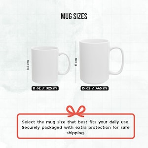 two white mugs, each with a different size indicated in millimeters, and provides instructions on selecting the appropriate size based on daily use and the need for extra protection during shipping.