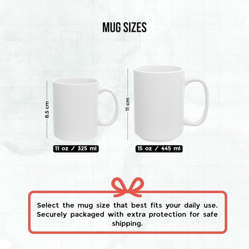 two white mugs, each with a different size indicated in millimeters, and provides instructions on selecting the appropriate size based on daily use and the need for extra protection during shipping.
