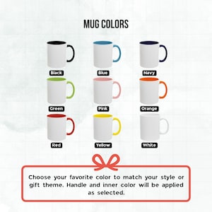 a selection of colorful mugs, each with a different color and handle design, arranged in a grid pattern. The text above the mugs reads "MUG COLORS".