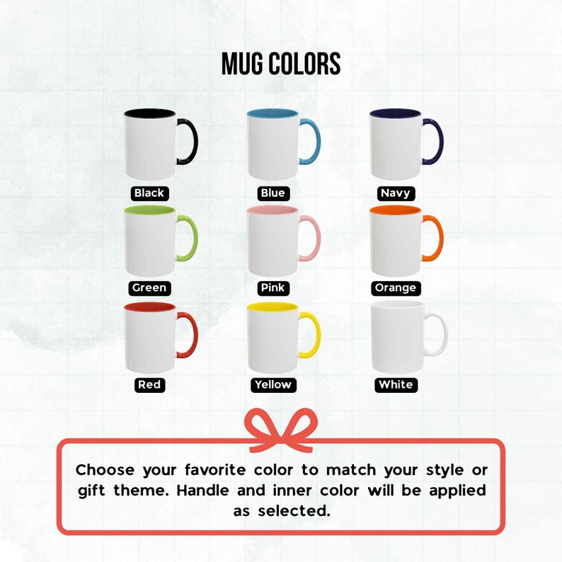 a selection of colorful mugs, each with a different color and handle design, arranged in a grid pattern. The text above the mugs reads "MUG COLORS".