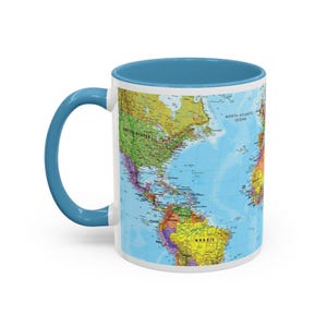 カラフルな世界地図マグカップ、鮮やかな地理デザイン、11オンスセラミック製