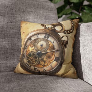 May include: Square decorative pillow featuring a vintage pocket watch design. The watch face is detailed with Roman numerals and visible gears, set against a parchment-like background. The pillow has a chain and is in shades of brown and beige.