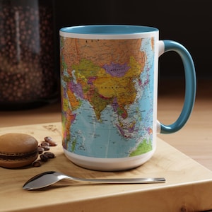 Kleurrijke mok wereldkaart, levendig geografieontwerp, 11 oz keramiek afbeelding 15