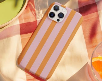 Funda para iPhone a rayas naranjas y rosas – Compatible con MagSafe, estilo retro preppy