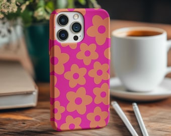 Funda Daisy para iPhone – Compatible con MagSafe, con un estampado retro genial en naranja y rosa.