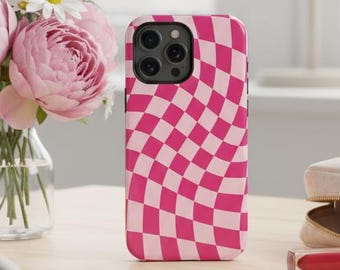 Funda rosa con estampado de cuadros ondulados para iPhone – Compatible con MagSafe, diseño retro a cuadros.