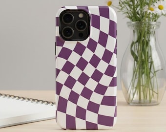 Funda para iPhone con estampado de cuadros ondulados morados – Compatible con MagSafe, estilo retro de los años 70
