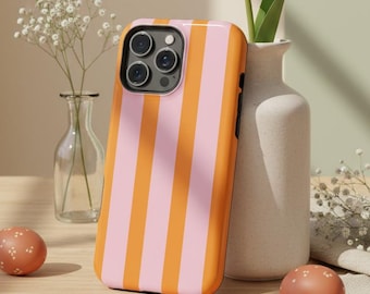 Orange Pink Striped iPhone Case – Mag Safe Compatible, Retro Preppy Style