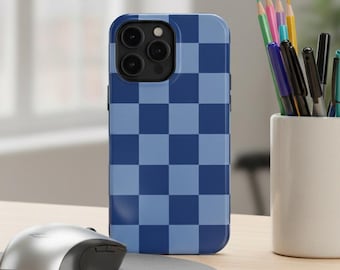 Funda para iPhone a cuadros azules, compatible con cargadores portátiles, estilo retro