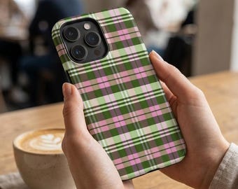 Funda para iPhone a cuadros rosas y verdes – Compatible con MagSafe, estilo cottagecore