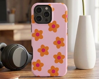 Funda para iPhone Groovy Daisy – Estampado floral retro en naranja y rosa, compatible con MagSafe