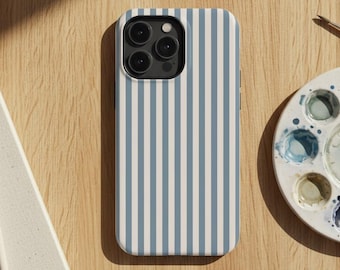 Funda para iPhone con rayas azules y blanquecinas: protección estilo preppy costero (compatible con cargadores magnéticos)