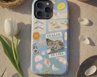 Funda para iPhone de verano italiano – Compatible con MagSafe, azul mediterráneo, collage