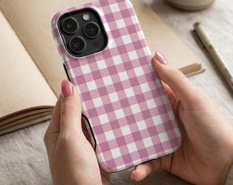 Pink Plaid iPhone Case – Mag Safe Compatible, Mauve Pink