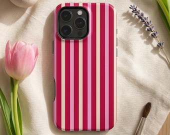 Pink Red Candy Stripe iPhone Case, Preppy Coastal Style Cover (MagSafe Tough)