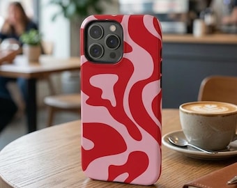 Funda para iPhone roja y rosa con diseño ondulado – Estilo años 70 con remolino – Compatible con MagSafe