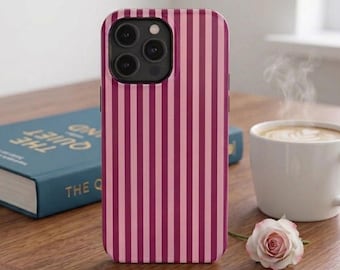Funda para iPhone con rayas de color rosa baya: compatible con cargadores MagSafe, protección de estilo preppy