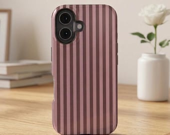 Funda para teléfono a rayas en marrón, rosa y gris topo, estilo retro preppy, compatible con cargadores seguros
