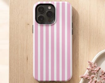 Pink Striped Phone Case – Mag Safe Compatible, Retro Pink and White