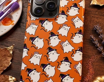 Ghost Cat Halloween iPhone Case, Spooky Witch Kitty Pattern (Orange)