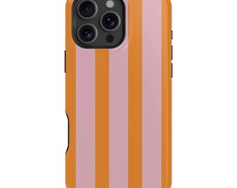 Orange Pink Striped iPhone Case – Mag Safe Compatible, Retro Preppy Style