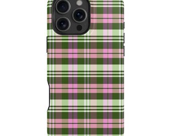 Pink Green Plaid iPhone Case – Mag Safe Compatible, Cottagecore