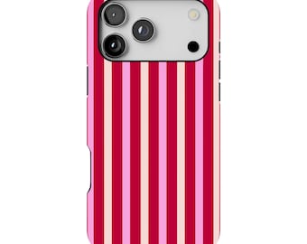 Pink Red Candy Stripe iPhone Case, Preppy Coastal Style Cover (MagSafe Tough)