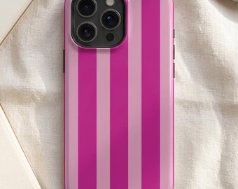 Pink Striped iPhone Case, Preppy MagSafe Phone Case, Retro Pink Tough Case, Cute Girly iPhone Cover