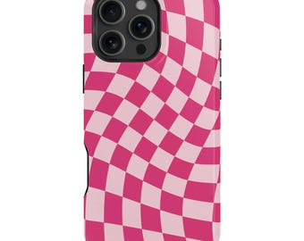 Pink Wavy Check iPhone Case – Mag Safe Compatible, Retro Checkered Pattern