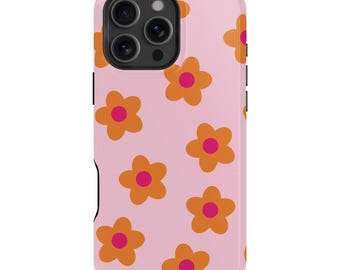 Groovy Daisy iPhone Case – Retro Orange Pink Floral Pattern, MagSafe Compatible