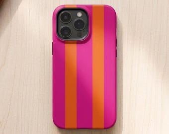 Pink and Orange Phone Case – MagSafe Compatible, Retro Preppy Style, Striped Pattern