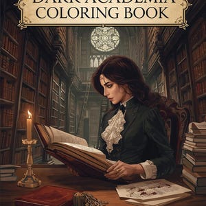 Peut inclure: Illustration d'une femme lisant un grand livre dans une bibliothèque. Le livre est ouvert et la femme le regarde. L'image est intitulée "Dark Academia Coloring Book" et comprend le nom de l'auteur, Emilie Cutté.