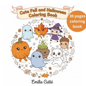Peut inclure: Un livre de coloriage pour enfants intitulé "Cute Fall and Halloween Coloring Book". La couverture présente des personnages de dessins animés, dont une citrouille, des fantômes, une sorcière et un chat. Le livre contient 30 pages.