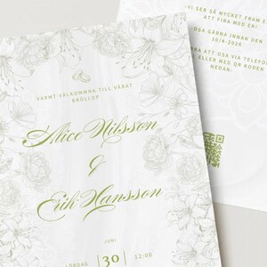 Può includere: Due inviti di nozze bianchi con testo verde e disegni floreali. Un invito presenta i nomi "Alice Nilsson" ed "Erik Hansson" con la data "30" e l'ora "11:00". L'altro invito ha il nome "Csa" in elegante scrittura.