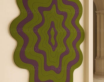Retro Wavy Wall Rug – Olive Green & Plum Purple Abstract Art
