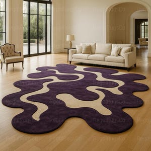 Modern Purple Abstract Wavy Rug in deep plum and beige tones, featuring curved organic shapes. Large 12x15ft contemporary area carpet perfect for living rooms or bedrooms, adding artistic style, warmth, and sophistication to any modern home interior.