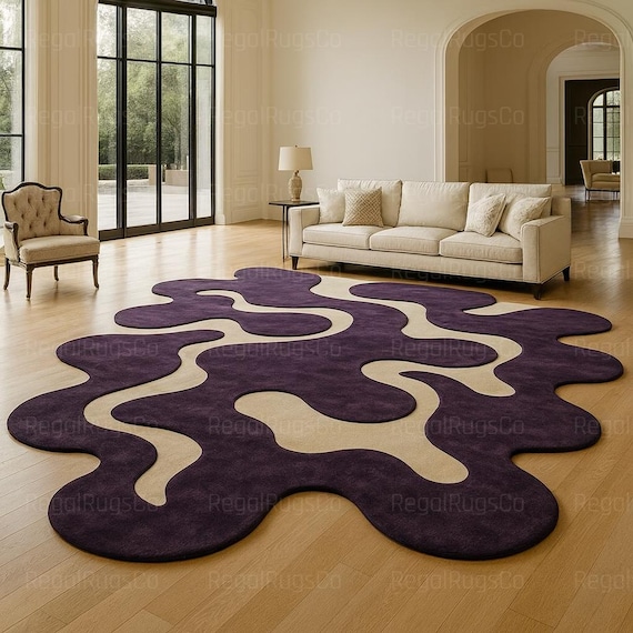 Purple Abstract Wavy Rug – Contemporary Plum & Beige Carpet (12x15ft)