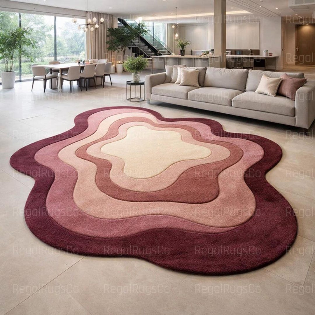 Abstract Wavy Area Rug, Blush Pink, Cream & Burgundy, Sculptural Carpet ...