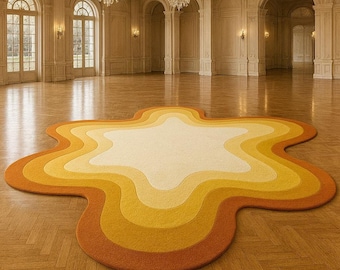 Retro Sunburst Wave Area Rug, 70s Groovy Style, Mustard Amber Cream