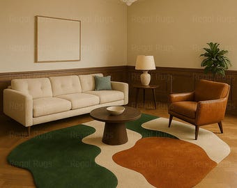Abstract Area Rug | Green, Orange, Beige | Mid-Century Modern Decor