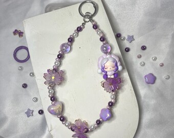 Handmade Purple Beaded Phone Charm Strap, Kawaii Floral Wrist Accessory