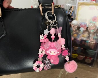 Kawaii Pink Bunny Charm, Pastel Beaded Keychain, Korean Bag Accessory, Girly Accessories Gift