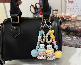 Matching Doll Charms, Pastel Beaded Keychain Duo, Friend Bag Accessory