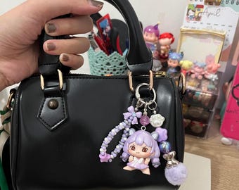 Handmade Purple Kawaii Doll Bag Charm, Pastel Beaded Purse Accessory