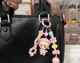 Handmade Pink Kawaii Doll Bag Charm, Pastel Beaded Purse Keychain Accessory