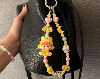 Kawaii Cat Bag Charm, Pastel Beaded Keychain, Moon Heart Accents, Korean Purse Accessory