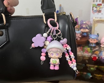 Handmade Purple Beaded Bag Charm with Mini Figure | Kawaii Keychain, Phone Strap