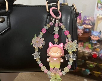 Handmade Billie Beaded Bag Charm, Pink Phone Strap, Kawaii Keychain Accessory