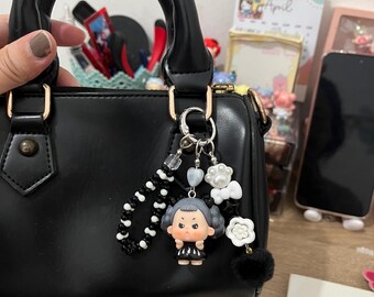 JOJOY Mini Beans Mushroom Doll Charm, Black White Beaded Bag Accessory