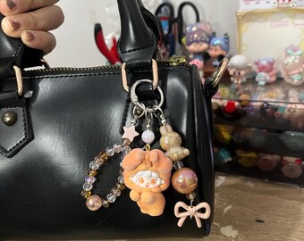 Kawaii Bear Beaded Keychain Charm, Pastel Teddy Bag Accessory, Soft Girl Style Purse Charm